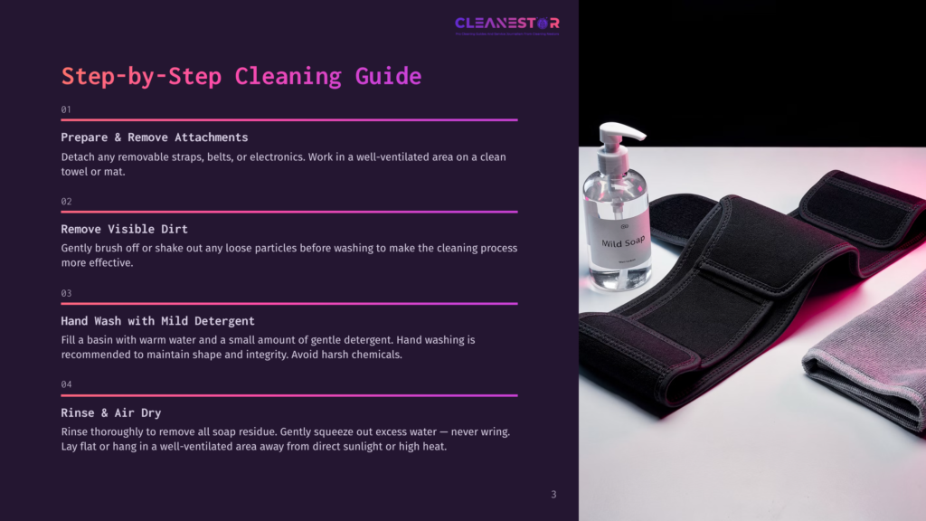 A Bottle Of &Quot;Mild Soap&Quot; Sits Next To A Black Adjustable Belt And A Gray Microfiber Cloth, Suggesting A Cleaning Or Care Routine For Fitness Accessories.