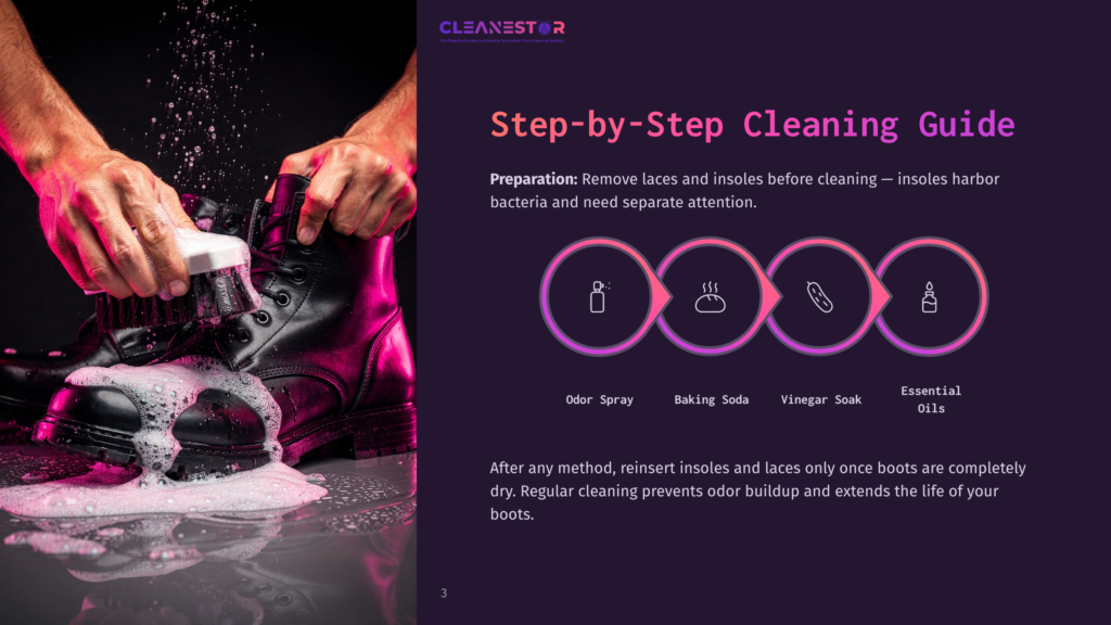 Step-By-Step Cleaning Guide For Boots: Person Scrubbing A Black Leather Boot With A Brush And Foam, With A Diagram Showing Odor Spray, Baking Soda, Vinegar Soak, And Essential Oils.
