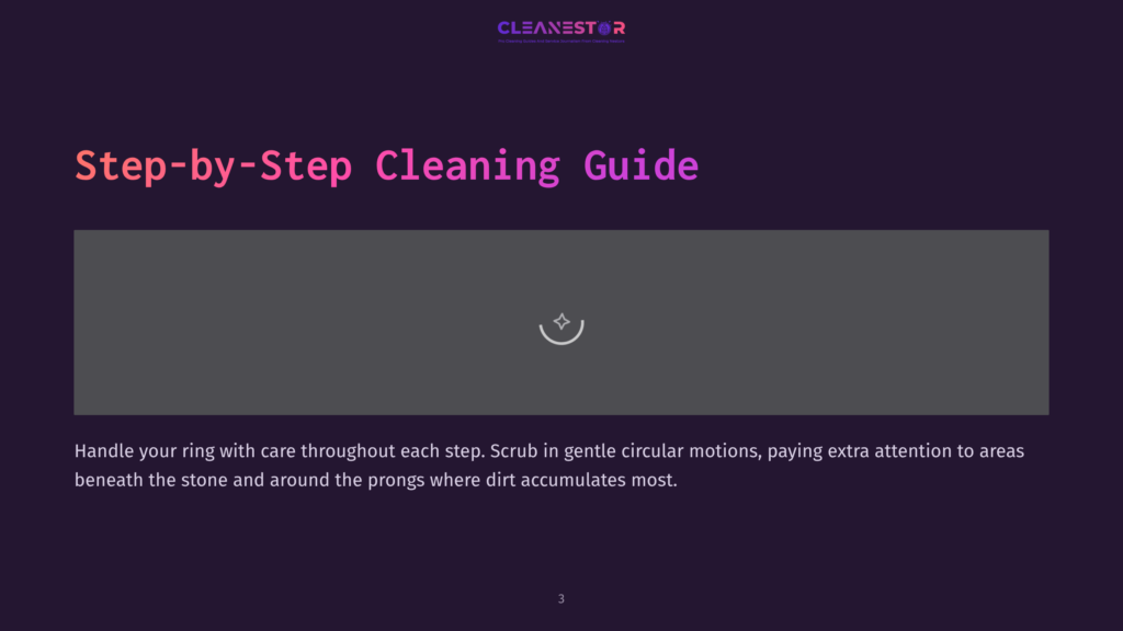 3 Step By Step Cleaning Guide 102 Step-By-Step Cleaning Guide For Jewelry, With A Focus On Cleaning Rings. The Graphic Displays The Cleanestor Logo And Text Instructions On How To Clean Rings, Emphasizing Gentle Circular Motions And Attention To Areas Around The Stone And Prongs.