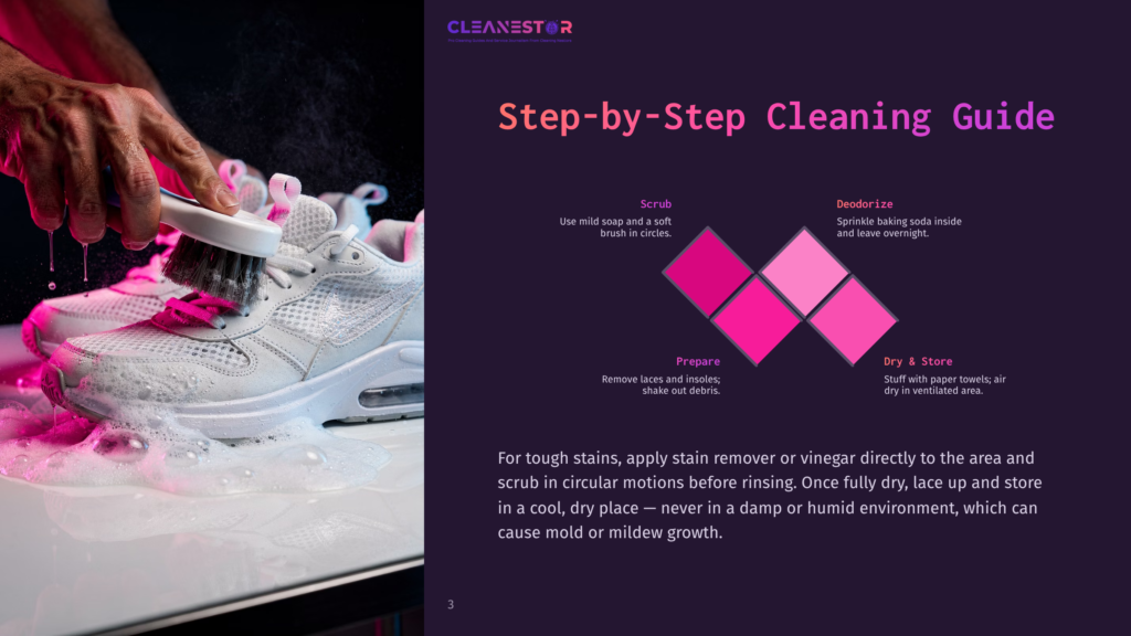 Step-By-Step Cleaning Guide For Sneakers, Featuring A Close-Up Of Hands Scrubbing A White And Pink Athletic Shoe With A Brush And Soap Suds.