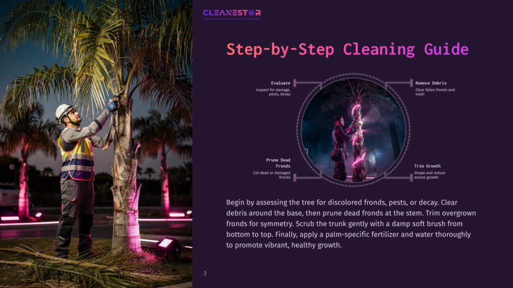 A Man In A Hard Hat And Safety Vest Trims A Palm Tree, With A Guide Titled &Quot;Step-By-Step Cleaning Guide&Quot; Showing Pruning, Debris Removal, And Trunk Shaping.