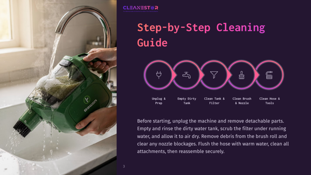 A Person Rinses A Green Handheld Vacuum Cleaner With A Clear Dustbin Under A Kitchen Faucet. The Vacuum Is Filled With Soapy Water And Suds. Step-By-Step Cleaning Guide Text Is Visible On The Right.
