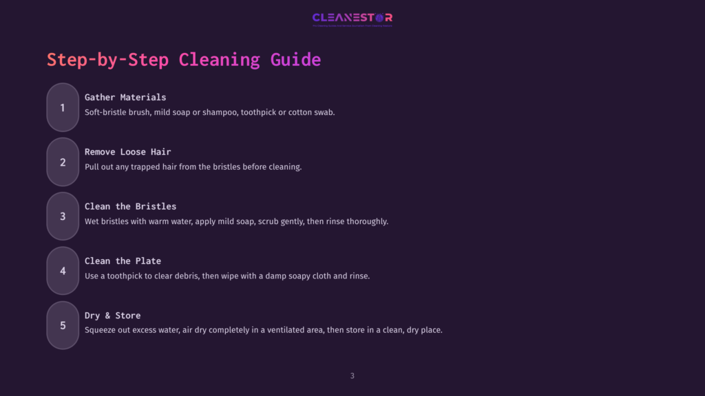 3 Step By Step Cleaning Guide 15 Step-By-Step Cleaning Guide For Makeup Brushes, Detailing How To Gather Materials, Remove Loose Hair, Clean Bristles, Clean The Plate, And Dry And Store The Brushes.