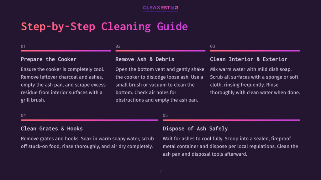 Step-By-Step Cleaning Guide For A Grill, With Instructions For Preparing The Cooker, Removing Ash And Debris, Cleaning Interior And Exterior, Cleaning Grates And Hooks, And Disposing Of Ash Safely.