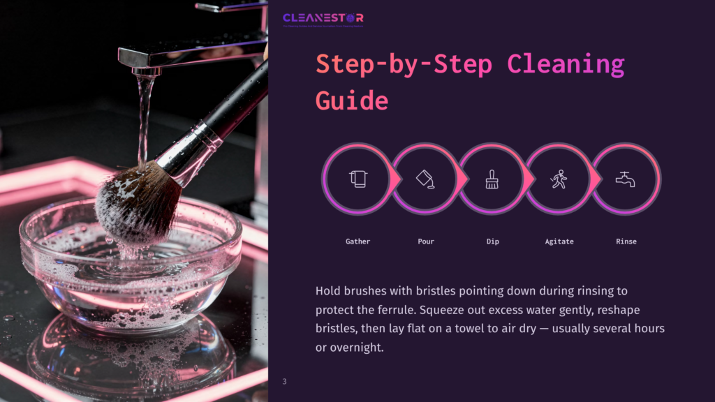 A Makeup Brush With Pink Bristles Is Being Rinsed Under A Faucet In A Glass Bowl Filled With Soapy Water. The Image Is Part Of A &Quot;Step-By-Step Cleaning Guide&Quot; From Cleanestor, Featuring Icons For Gathering, Pouring, Dipping, Agitating, And Rinsing.