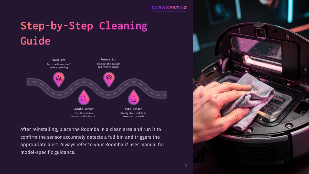 A Hand Holding A Grey Microfiber Cloth Wipes A Sensor On A Black Roomba I7 Robot Vacuum Cleaner, With The Lid Open And Dust Visible.
