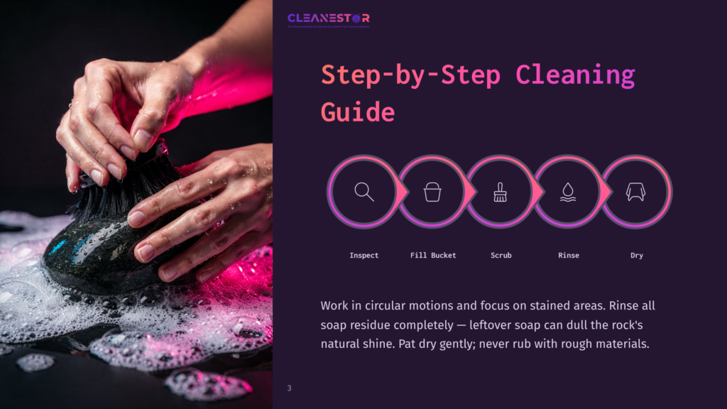 3 Step By Step Cleaning Guide 23 Step-By-Step Cleaning Guide With Icons For Inspect, Fill Bucket, Scrub, Rinse, And Dry. Text On Image: Cleanestor, Step-By-Step Cleaning Guide.