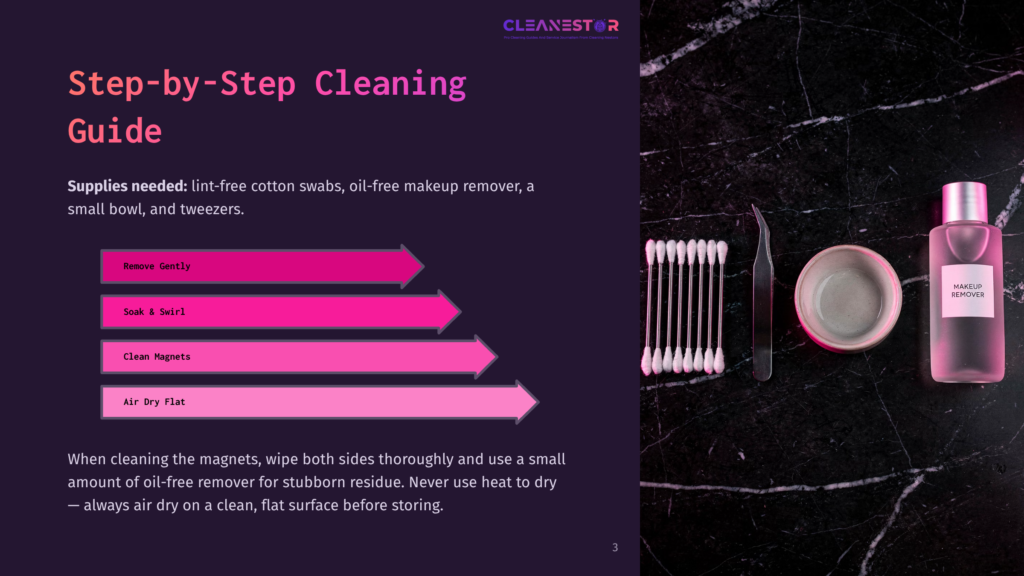 Step-By-Step Guide For Cleaning Makeup Magnets With Cotton Swabs, Tweezers, A Bowl, And Oil-Free Makeup Remover. Text Includes &Quot;Cleanestor&Quot; Logo And Cleaning Instructions.
