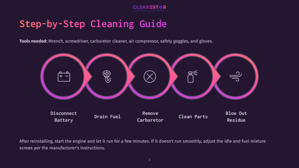 Step-By-Step Cleaning Guide For A Carburetor: Icons Show Disconnecting Battery, Draining Fuel, Removing Carburetor, Cleaning Parts, And Blowing Out Residue. Text At The Bottom Provides Post-Cleaning Instructions.