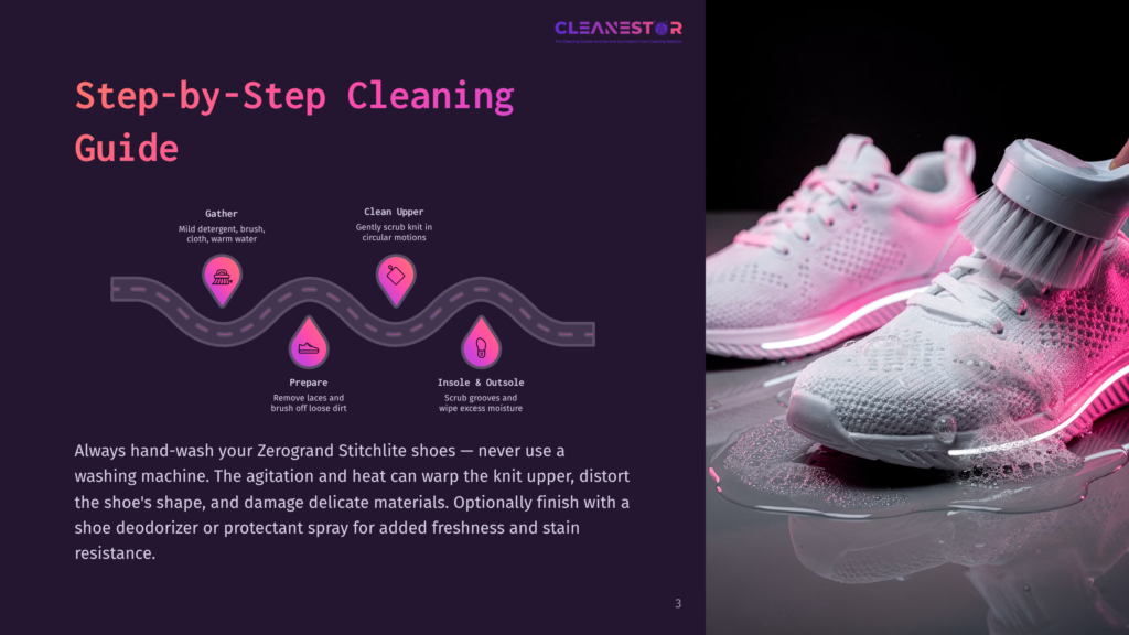 Step-By-Step Guide To Cleaning White Sneakers With A Brush And Mild Detergent, Showing The Process Of Cleaning The Upper, Insole, And Outsole.