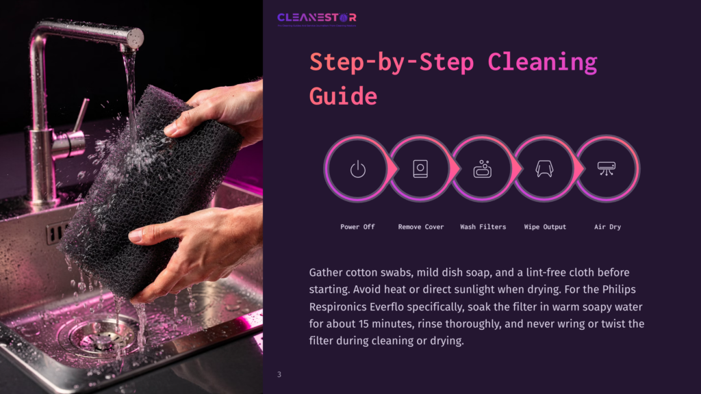 3 Step By Step Cleaning Guide 33 Hands Rinse A Large Black Filter Under A Running Faucet, Part Of A Step-By-Step Cleaning Guide From Cleanestor.