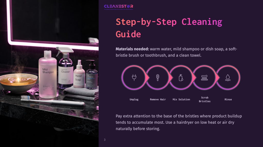 Step-By-Step Cleaning Guide For A Toothbrush, Showing Materials Needed: Warm Water, Mild Shampoo, Toothbrush, And A Clean Towel. Visuals Depict Unplugging, Removing Hair, Mixing Solution, Scrubbing Bristles, And Rinsing.