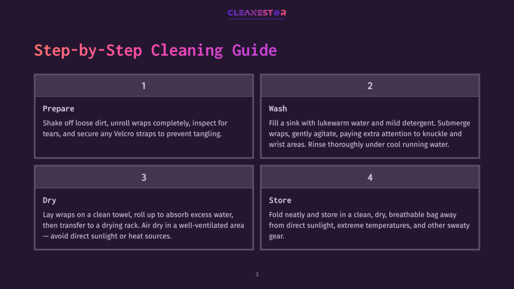 Step-By-Step Cleaning Guide For Wraps: Prepare (Shake Off Dirt, Inspect For Tears), Wash (Lukewarm Water, Mild Detergent, Agitate, Rinse), Dry (Absorb Excess Water, Air Dry), Store (Fold Neatly, Dry, Breathable Bag).