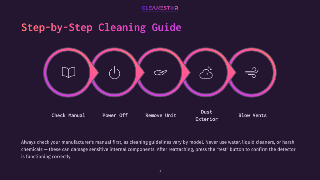 Step-By-Step Cleaning Guide With Icons For Checking The Manual, Powering Off, Removing The Unit, Cleaning The Exterior, And Blowing Vents. The Guide Is Presented On A Dark Background With A Gradient Border.