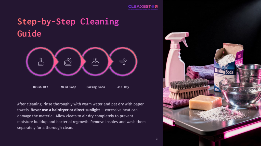 3 Step By Step Cleaning Guide 40 Step-By-Step Cleaning Guide With Icons For Brushing, Mild Soap, Baking Soda, And Air Drying, Next To Cleaning Supplies Including A Spray Bottle, Brush, And Baking Soda Box.