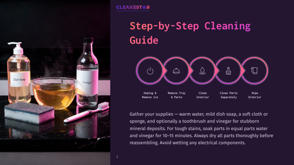 A Step-By-Step Cleaning Guide Showing Various Cleaning Supplies Like Dish Soap, Vinegar, Sponge, And A Toothbrush On A Marble Surface.