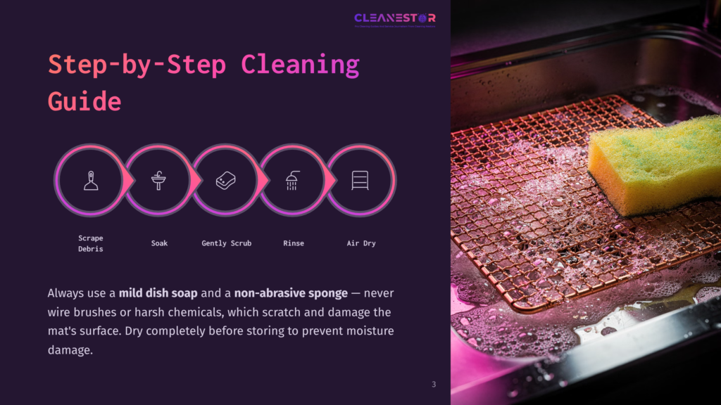 Step-By-Step Cleaning Guide For A Grill Rack, Showing Icons For Scraping, Soaking, Scrubbing, Rinsing, And Drying. A Yellow Sponge Is Shown Cleaning A Metal Grill Rack In Soapy Water.