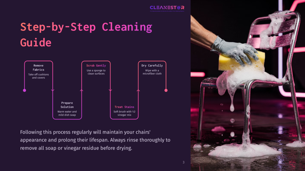 Cleanestor Step-By-Step Cleaning Guide For Chairs: Remove Fabrics, Scrub Gently With A Sponge, And Dry Carefully With A Microfiber Cloth. A Hand In A Blue Glove Is Shown Cleaning A Metal Chair With A Yellow Sponge And White Foam.