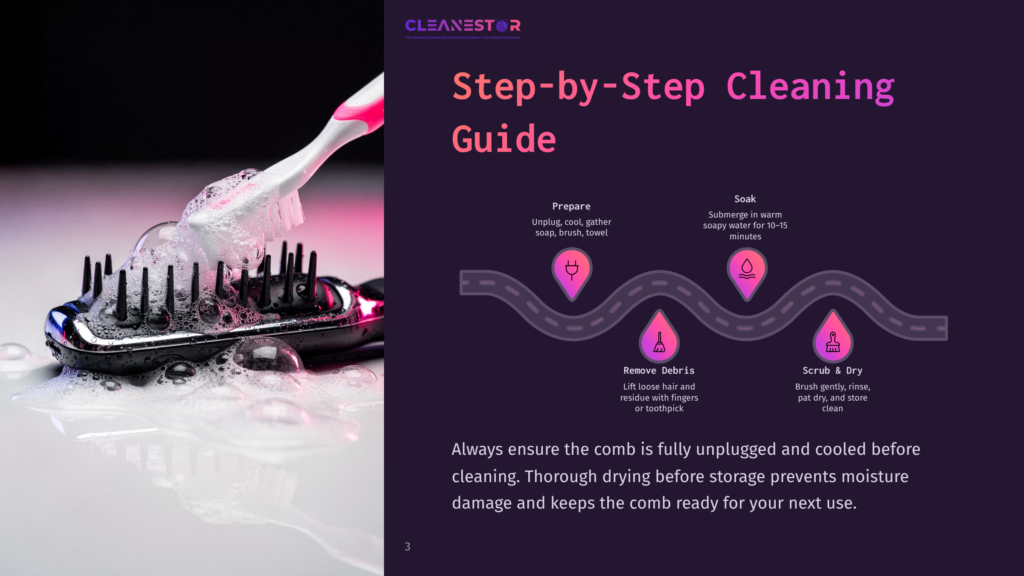 Step-By-Step Guide To Cleaning A Hairbrush With A Toothbrush And Soapy Water. The Image Shows A Close-Up Of A Black Hairbrush Being Cleaned With A Pink And White Toothbrush And Sudsy Water.