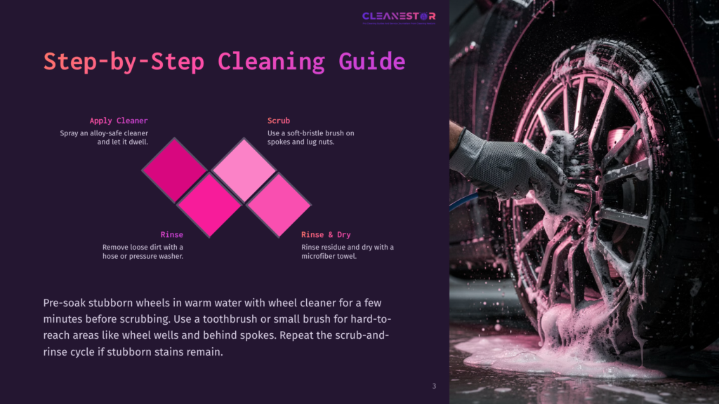 Step-By-Step Cleaning Guide For Car Wheels: Applying Cleaner, Scrubbing With A Brush, And Rinsing And Drying. The Image Shows A Gloved Hand Scrubbing A Dirty Car Wheel With Pink Foam.