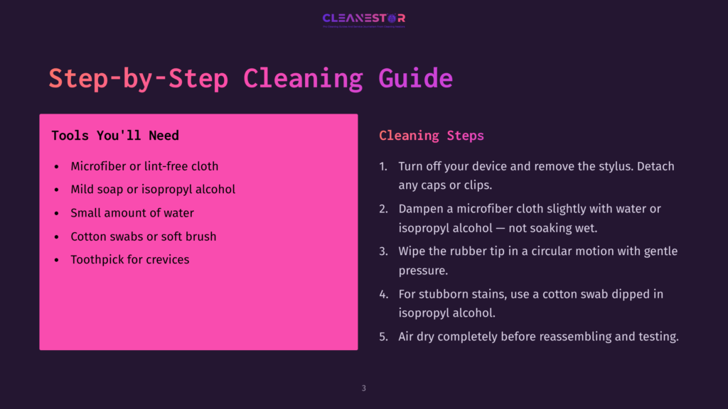 Step-By-Step Cleaning Guide For A Stylus. Tools Needed: Microfiber Cloth, Mild Soap, Water, Cotton Swabs, And A Toothpick. Cleaning Steps Involve Turning Off The Device, Dampening A Cloth, And Using A Cotton Swab With Isopropyl Alcohol For Stubborn Stains.