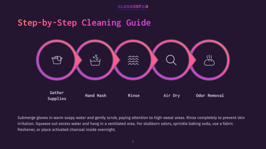 3 Step By Step Cleaning Guide 63 Step-By-Step Cleaning Guide Featuring Five Circular Icons Representing Gather Supplies, Hand Wash, Rinse, Air Dry, And Odor Removal, With Accompanying Text And Instructions.