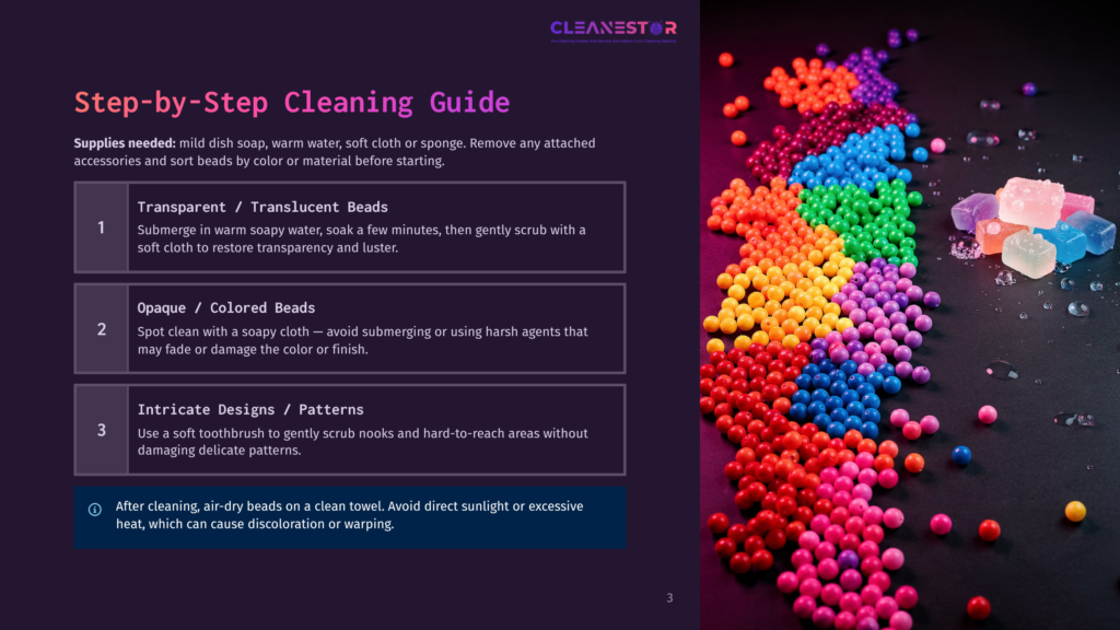 A Vibrant, Colorful Display Of Small, Round Beads In A Rainbow Of Hues, Including Red, Orange, Yellow, Green, Blue, And Purple, Scattered Across A Dark Surface With Water Droplets. The Image Is Accompanied By A Cleaning Guide For Translucent And Opaque Beads.