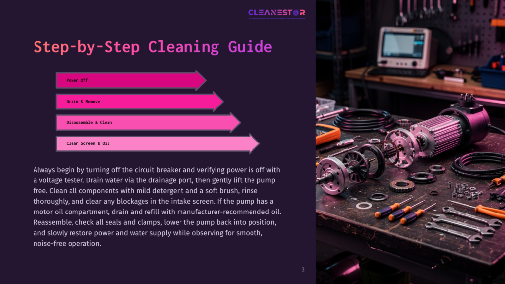 Step-By-Step Cleaning Guide For A Pump, Showing Power Off, Drain &Amp; Remove, Disassemble &Amp; Clean, And Clear Screen &Amp; Oil Steps. A Disassembled Pump Motor And Tools Are On A Workbench.
