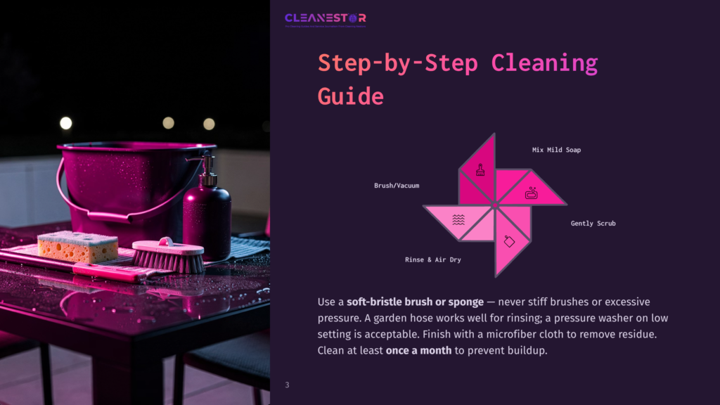 3 Step By Step Cleaning Guide 70 Step-By-Step Cleaning Guide With Colorful Diagram Showing Brush/Vacuum, Rinse &Amp; Air Dry, Gently Scrub, And Mix Mild Soap. Includes Cleaning Supplies Like A Bucket, Sponge, And Brush.