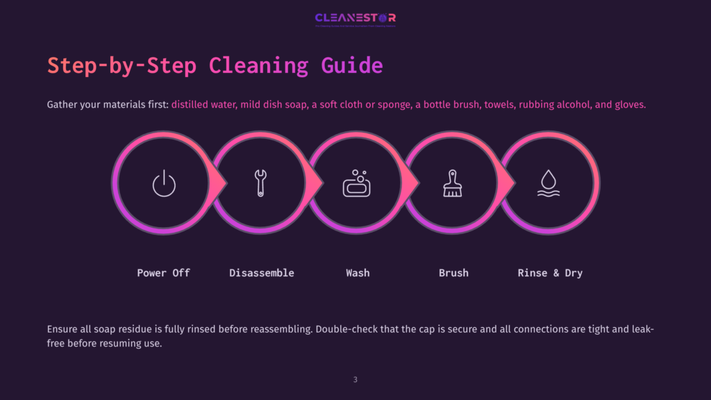 Step-By-Step Cleaning Guide Infographic With Icons For Power Off, Disassemble, Wash, Brush, And Rinse &Amp; Dry. Text Reads &Quot;Cleanestor&Quot; And Provides Cleaning Instructions.