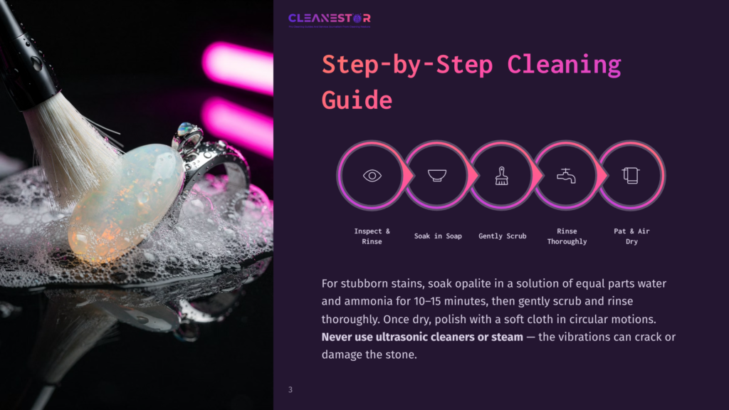 Close-Up Of A Beautiful Opal Gemstone Ring Being Cleaned With A Soft Brush In Foamy Water, With A Graphic Overlay Showing A Step-By-Step Cleaning Guide For Opal Jewelry.