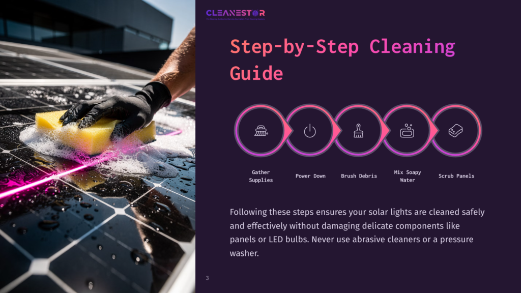 Step-By-Step Guide To Cleaning Solar Panels, Featuring A Hand In A Black Glove Gently Scrubbing A Solar Panel With A Yellow Sponge And Pink Soap Suds. The Guide Includes Icons For Gathering Supplies, Powering Down, Brushing Debris, Mixing Soapy Water, And Scrubbing Panels.