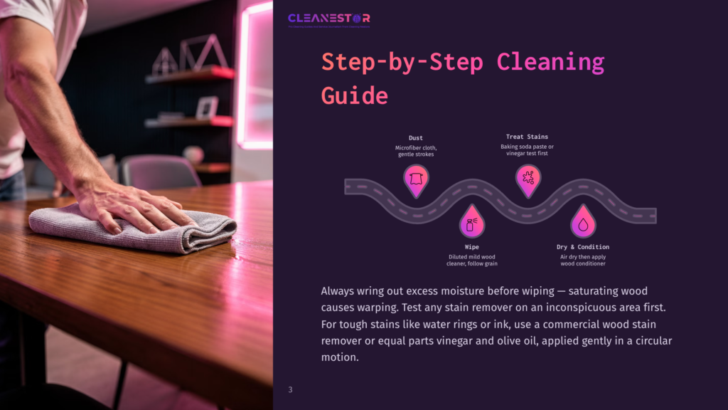 Step-By-Step Cleaning Guide With Text Overlays And Icons Illustrating Dust Removal, Stain Treatment, Wiping, And Dry And Condition Steps For Wood Furniture.