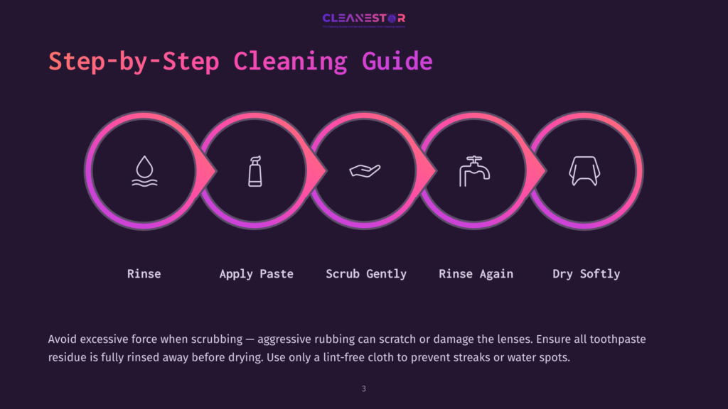 A Step-By-Step Cleaning Guide Illustration With Four Steps: Rinse, Apply Paste, Scrub Gently, Rinse Again, And Dry Softly, Each Represented By A Simple Icon.