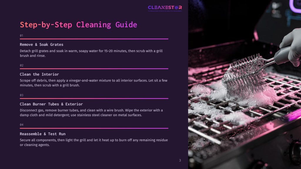 3 Step By Step Cleaning Guide 81 Close-Up Of A Grill Brush With Stiff Bristles Scrubbing A Greasy Grill Grate Covered In Suds. The Background Is Dark And Out Of Focus, Hinting At A Grill.