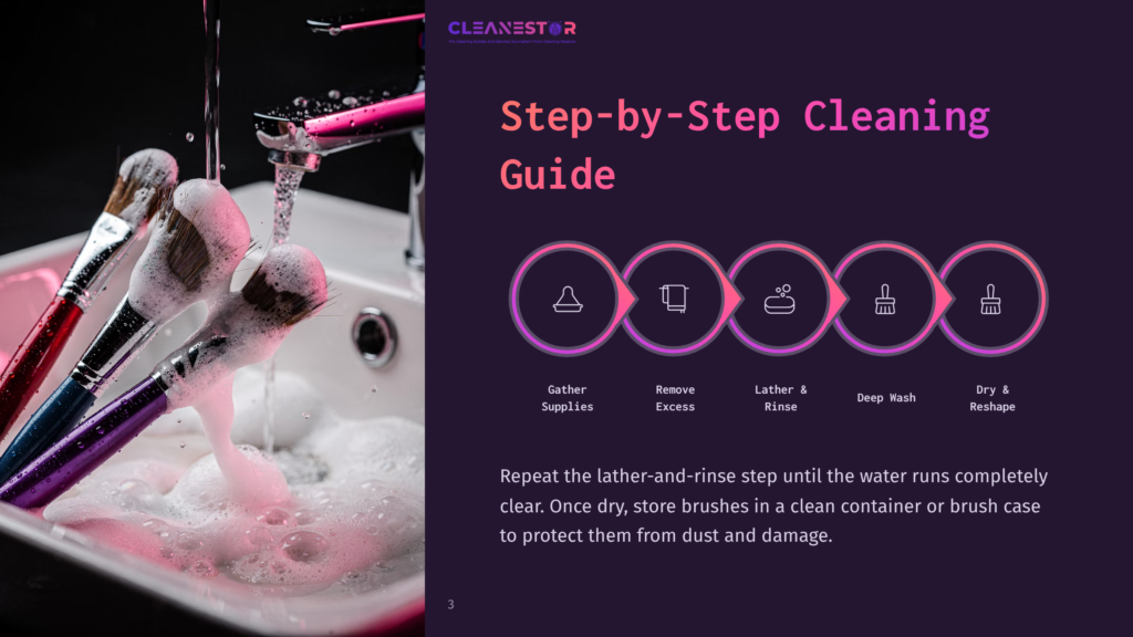 Step-By-Step Cleaning Guide For Makeup Brushes: Gather Supplies, Remove Excess Makeup, Lather &Amp; Rinse, Deep Wash, And Dry &Amp; Reshape. Water Runs Over Soapy Brushes In A Sink.
