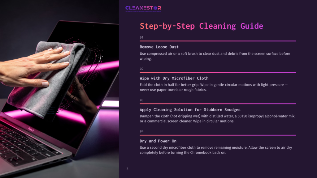 A Hand Gently Wipes A Laptop Screen With A Grey Microfiber Cloth, Removing Smudges. The Laptop Has A Dark Keyboard And A Glowing Pink Light Emanates From The Side.