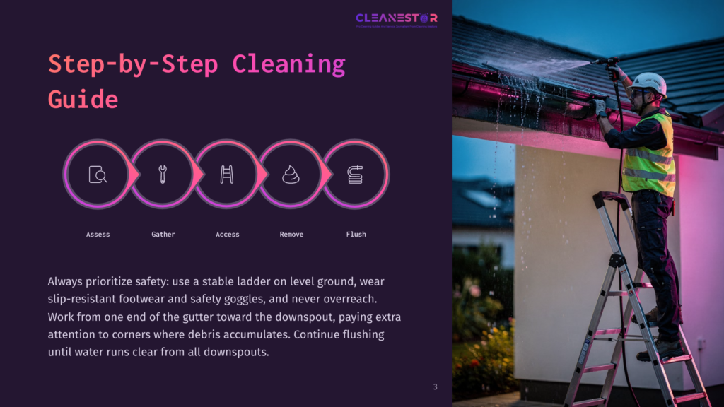 Cleanestor Step-By-Step Cleaning Guide: Man With Pressure Washer Cleans Gutters From A Ladder. Includes Icons For Assess, Gather, Access, Remove, Flush.