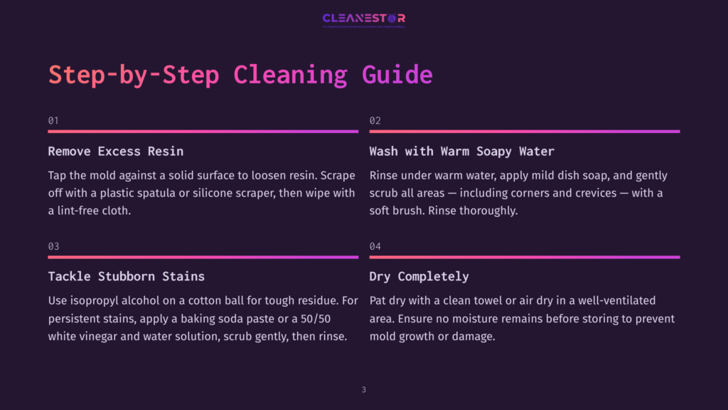 Step-By-Step Cleaning Guide With Four Steps: Remove Excess Resin, Wash With Warm Soapy Water, Tackle Stubborn Stains, And Dry Completely. Each Step Detailed In A Dark, Instructional Layout.