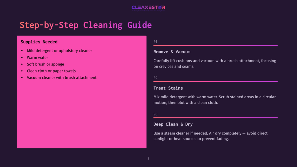 Step-By-Step Cleaning Guide Infographic On A Pink And Purple Background, Detailing Supplies Needed And Steps For Removing And Vacuuming, Treating Stains, And Deep Cleaning.