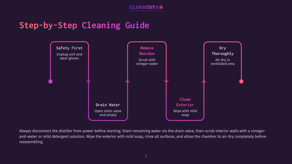 3 Step By Step Cleaning Guide 99 Step-By-Step Cleaning Guide For A Water Distiller, Outlining Safety, Residue Removal, And Drying Procedures. The Graphic Features A Dark Background With Purple And Pink Gradients.