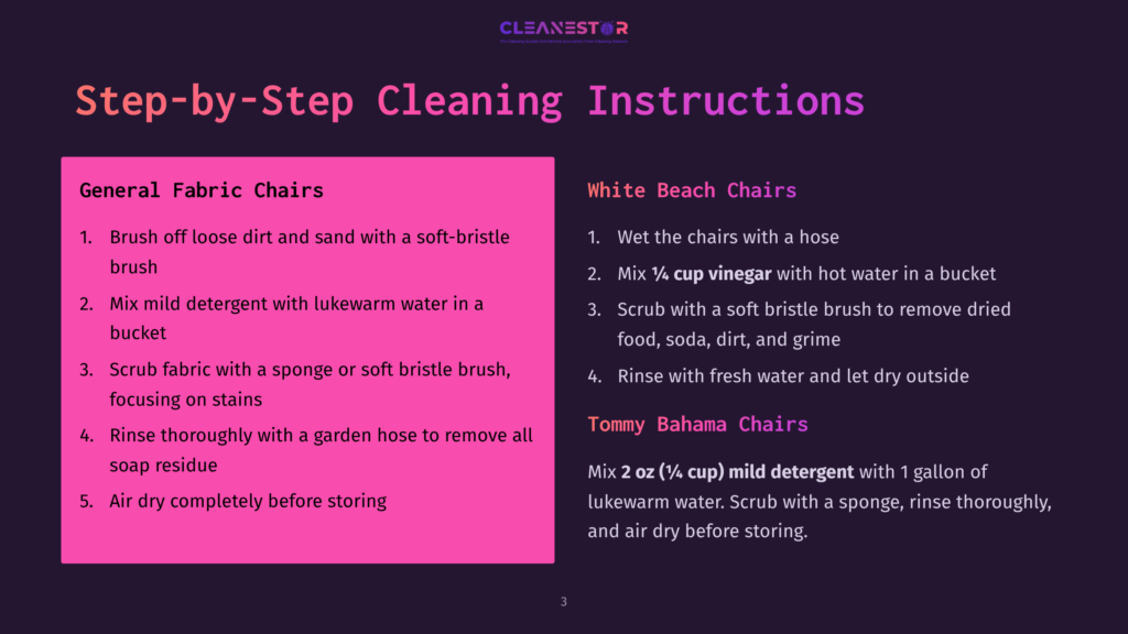 Step-By-Step Cleaning Instructions For Fabric Chairs, Including White Beach Chairs And Tommy Bahama Chairs, With Detailed Steps For Removing Dirt And Grime.