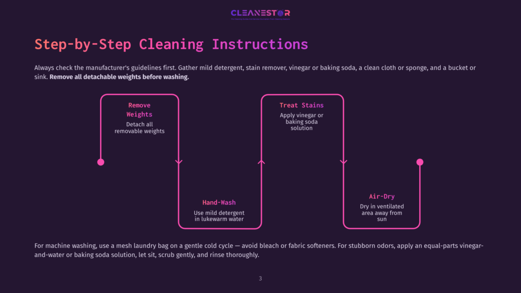Flowchart Detailing Step-By-Step Cleaning Instructions For A Product, Including Removing Weights, Hand-Washing With Mild Detergent, Treating Stains With Vinegar Or Baking Soda, And Air-Drying In A Ventilated Area.