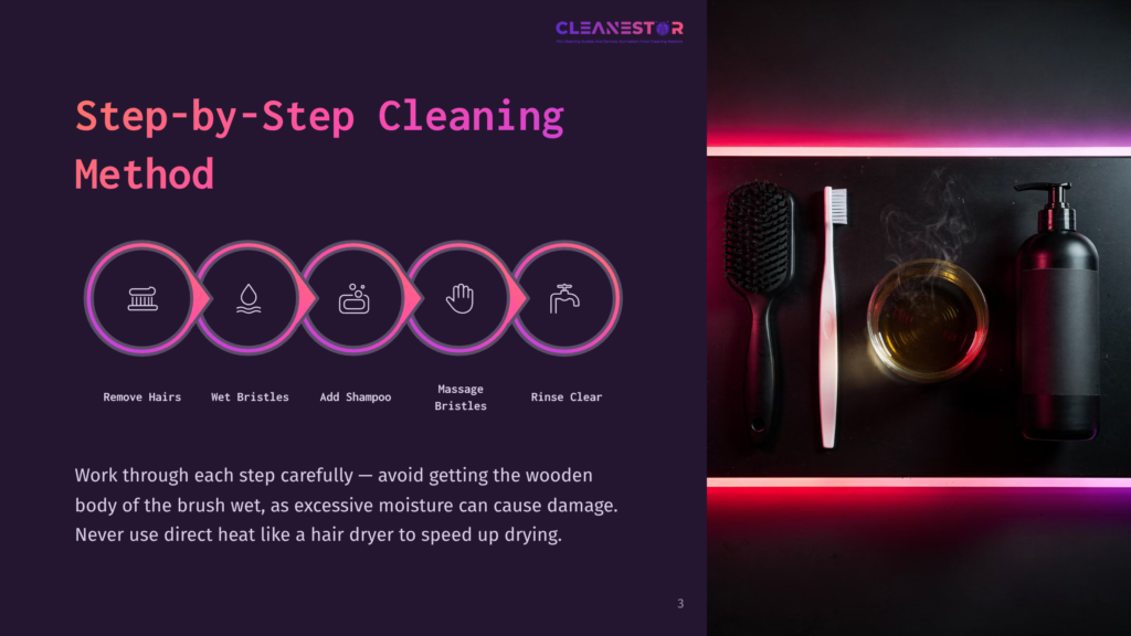 Step-By-Step Cleaning Method For A Brush And Toothbrush: Remove Hairs, Wet Bristles, Add Shampoo, Massage, And Rinse Clear. A Black Toothbrush, White Toothbrush, And A Bottle Of Shampoo Are Displayed With Pink And Purple Lighting.