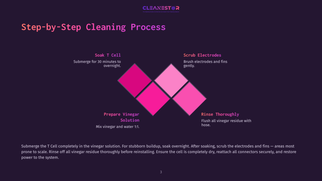 Step-By-Step Cleaning Process Diagram For A T-Cell, Showing Steps Like &Quot;Soak T Cell,&Quot; &Quot;Prepare Vinegar Solution,&Quot; &Quot;Scrub Electrodes,&Quot; And &Quot;Rinse Thoroughly&Quot; With Colorful Diamond Shapes Representing Stages.