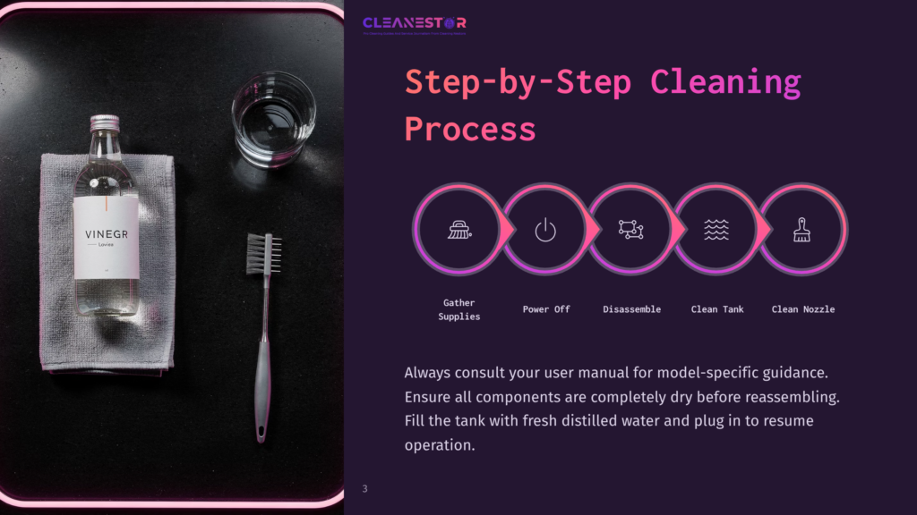 A Cleaning Kit For The Cleanestor Device, Featuring A Bottle Of White Vinegar, A Grey Cleaning Brush, And A Glass Of Water On A Dark Surface.