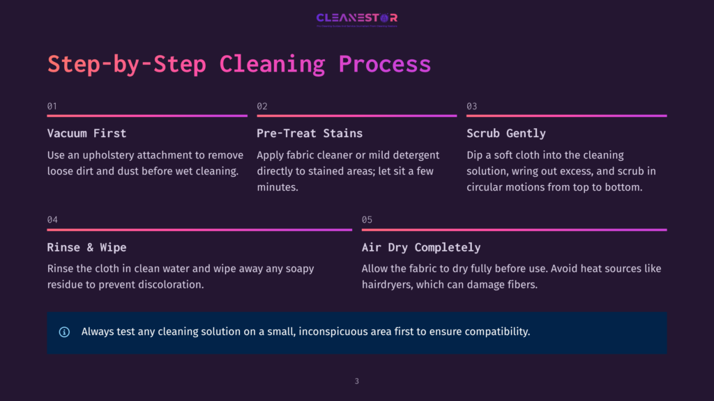 Step-By-Step Cleaning Process For Upholstery: 1. Vacuum First, 2. Pre-Treat Stains, 3. Scrub Gently, 4. Rinse &Amp; Wipe, 5. Air Dry Completely. Always Test Cleaning Solution First.