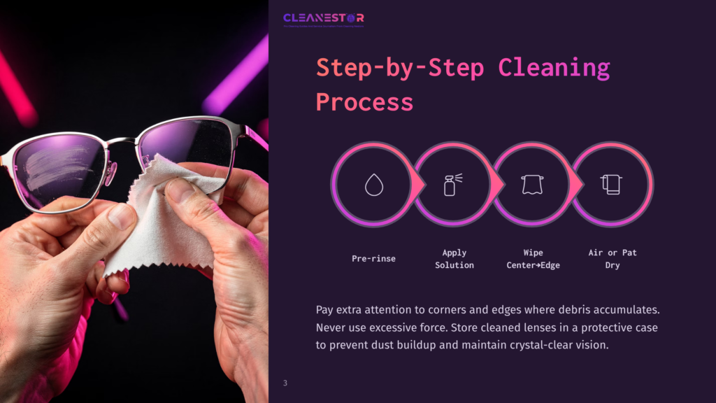 Hands Gently Cleaning Sunglasses With A White Cloth, Showcasing A Step-By-Step Cleaning Process: Pre-Rinse, Apply Solution, Wipe Center, And Air Or Pat Dry.