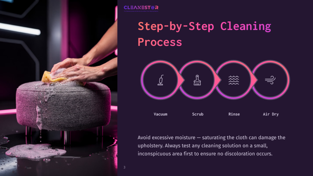 Cleanestor Logo. Hands Using A Yellow Sponge To Scrub A Gray Upholstered Ottoman With White Foam, Surrounded By Pink And Purple Lighting. Text Details A Step-By-Step Cleaning Process: Vacuum, Scrub, Rinse, Air Dry.