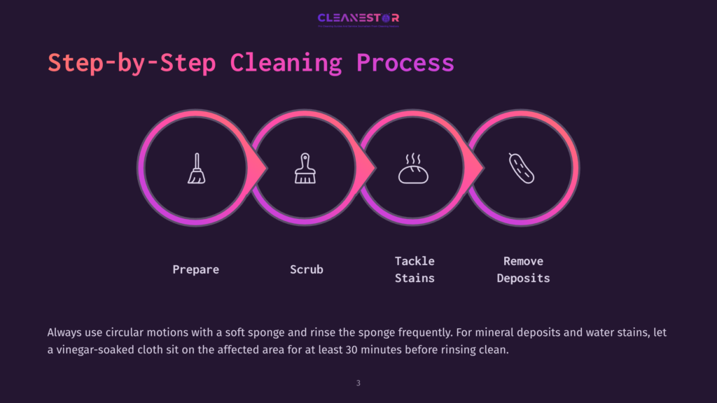 3 Step By Step Cleaning Process 23 Step-By-Step Cleaning Process Graphic: Prepare, Scrub, Tackle Stains, Remove Deposits. Circular Icons With Cleaning Tools And Symbols Illustrate Each Stage.